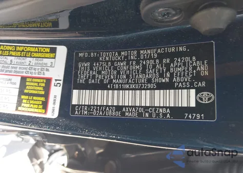 2019 Toyota Camry Le из США, поврежденный, VIN 4T1B11HKXKU732905